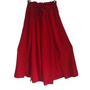 Women's Vintage Style Red Wide Leg Pants with Elastic Waist and Bow, Size 2XL